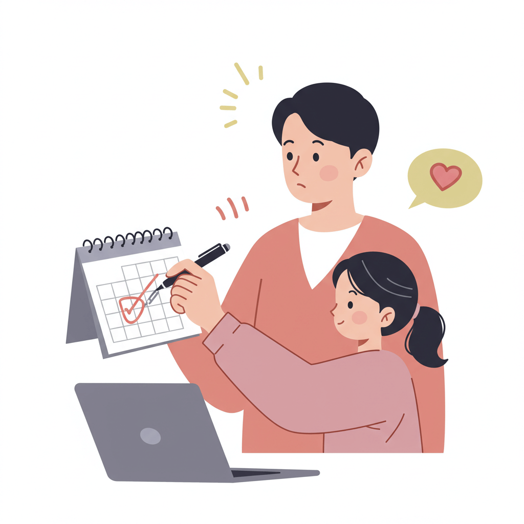 달력을 확인하며 자녀장려금 신청 마감일을 체크하는 딸아이를아빠가 지켜모고 있다
