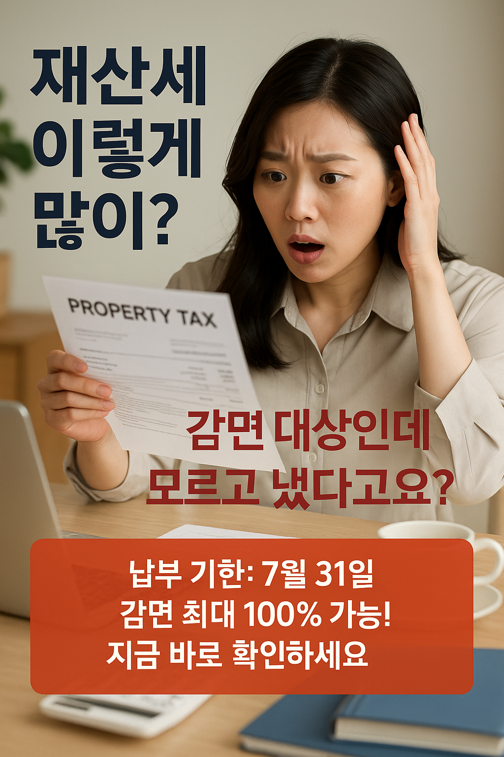 재산세 고지서를 보고 놀란 표정의 여성, 감면 대상 여부 확인과 납부 기한 안내 강조 이미지