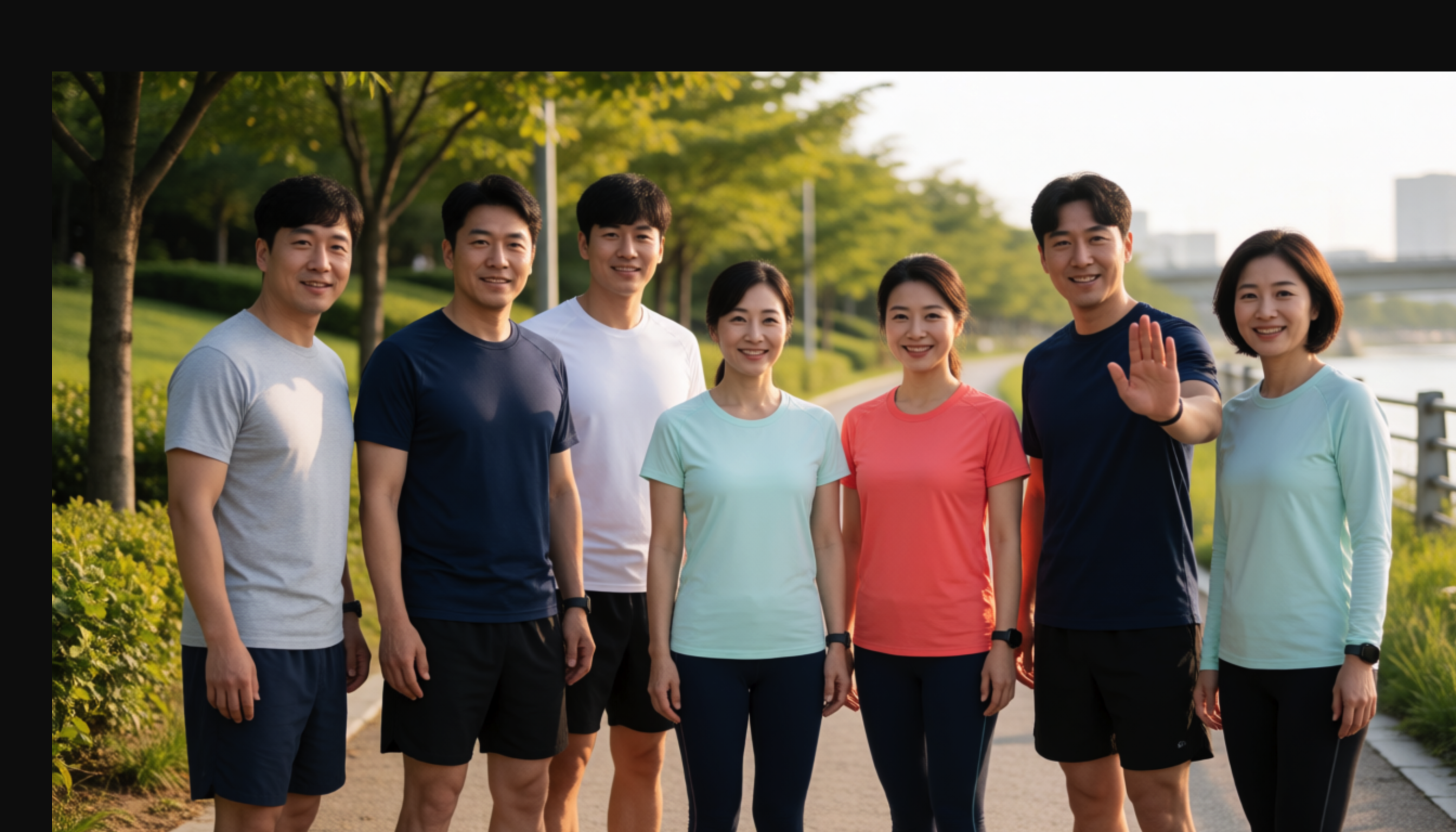 강변 공원에서 단체로 선 사람들 가운데 한 사람이 손바닥을 들어 보이는 모습