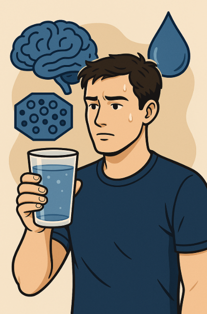 과도한 물 섭취로 머리를 감싸며 어지러워하는 젊은 남성