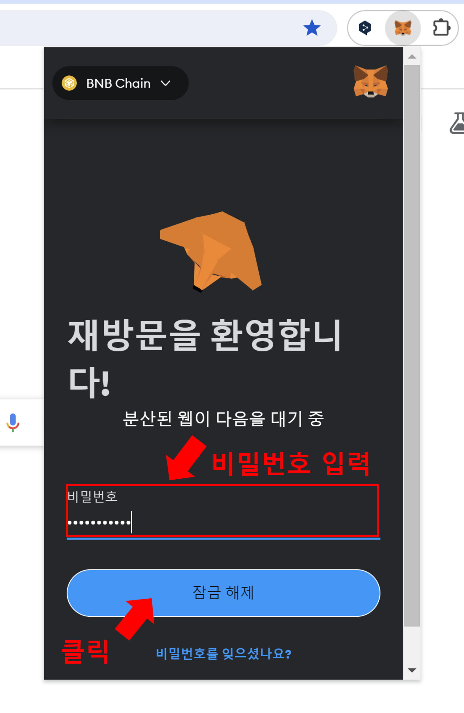 메타 마스크 비밀번호 입력하기