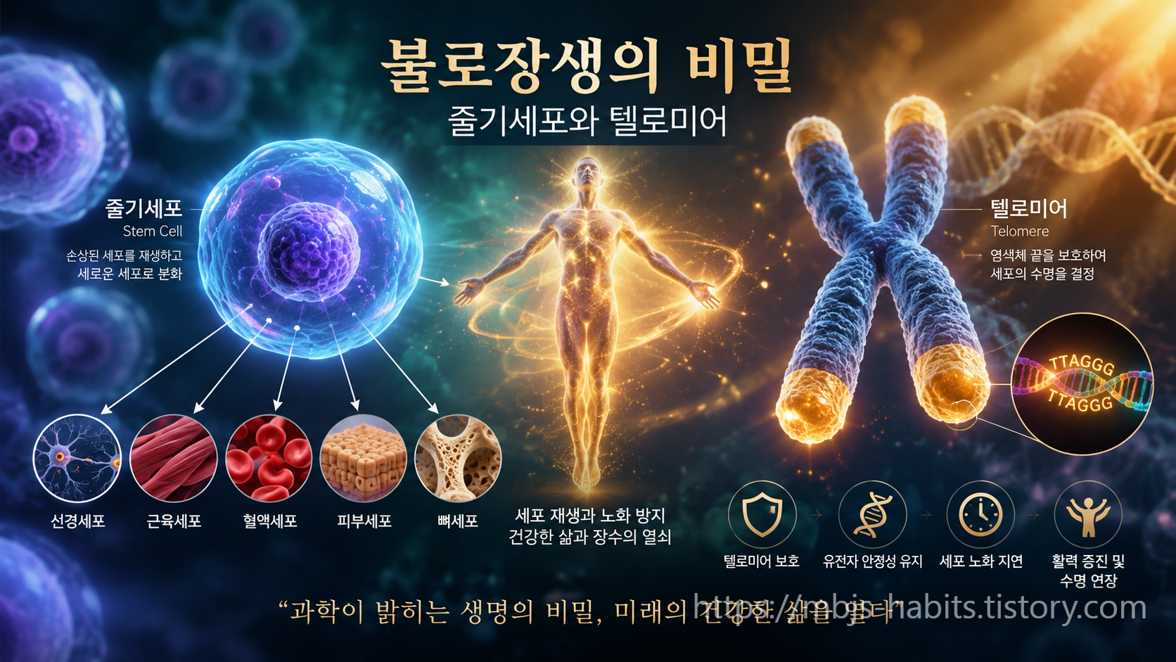 빛나는 인체 형상을 중심으로, 왼쪽에는 줄기세포가 다양한 세포로 분화되는 모습이, 오른쪽에는 염색체 끝의 텔로미어 구조가 확대되어 표현된 미래지향적 과학 인포그래픽 이미지.