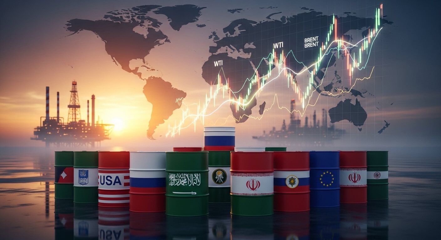 국제유가 그래프와 세계 지도 배경, 국가별 드럼통으로 표현된 글로벌 원유 시장 이미지
