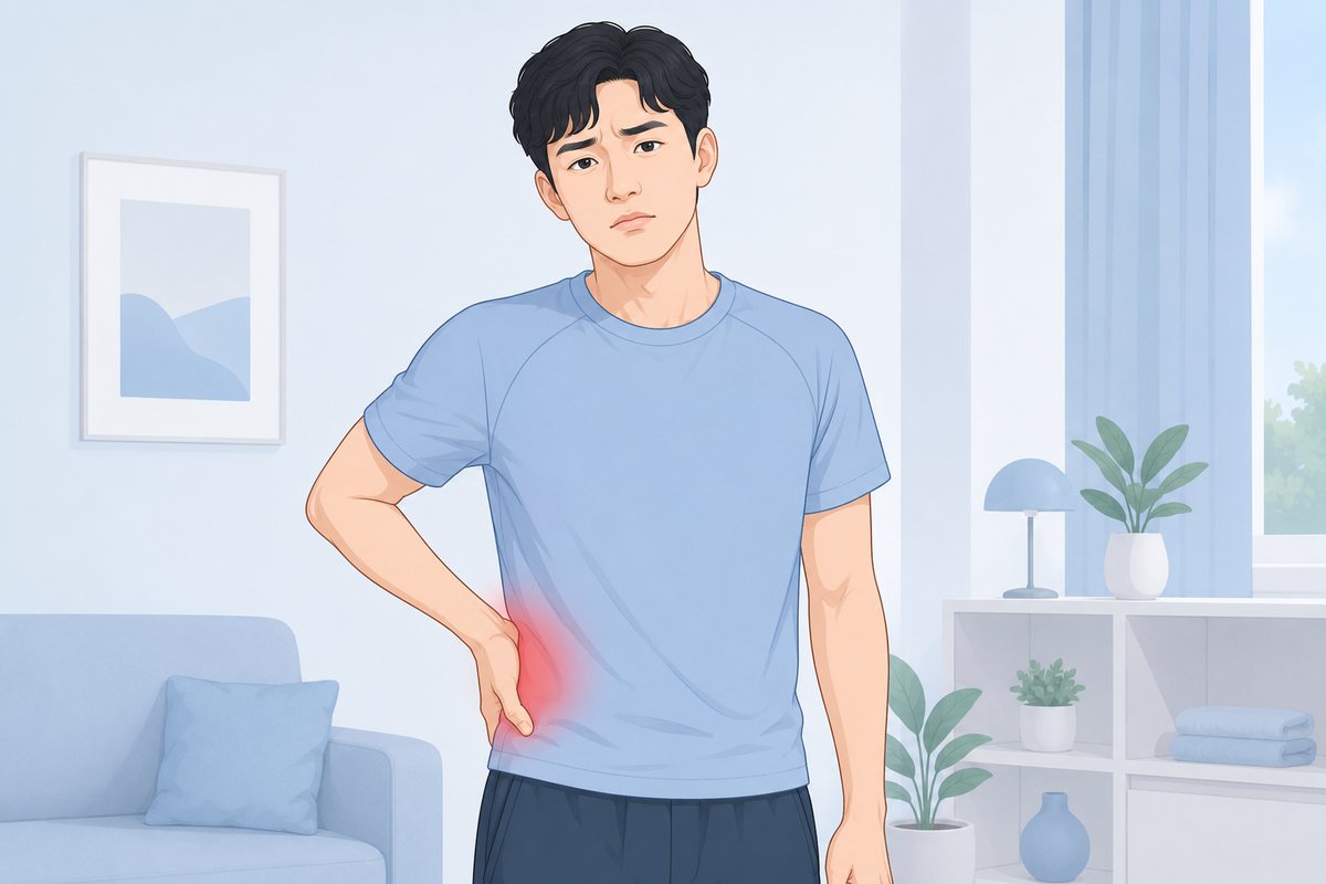허리 아래쪽 통증 부위를 손으로 짚고 얼굴을 찡그린 젊은 남성