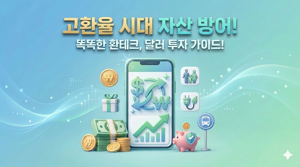 '고환율 시대 자산 방어! 똑똑한 환테크, 달러 투자 가이드!'라는 문구가 적혀 있고, 중앙에 달러와 원화 교환 기호가 있는 스마트폰, 3D 달러 지폐와 금전 등록기 아이콘이 배치된 금융 재테크 블로그 썸네일 이미지"
