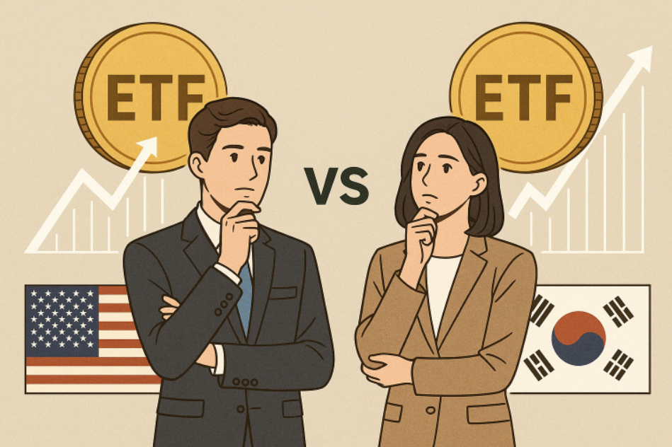 미국과 한국의 월배당 ETF를 비교하며 고민하는 남성과 여성이 각각 양쪽에 위치해 있으며, 배경에는 미국과 한국 국기, 상승하는 그래프, ETF 금화 아이콘이 배치되어 있어 국가별 투자 선택을 상징적으로 표현함