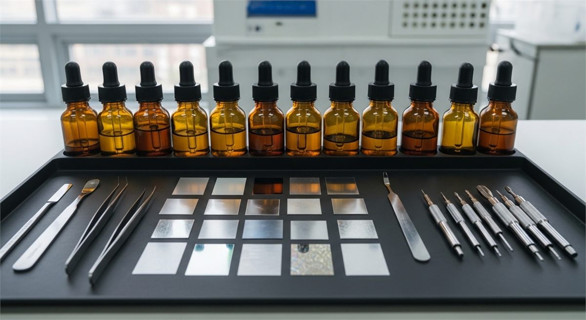 유리기판용 소재와 샘플을 정리한 개발용 트레이 모습 