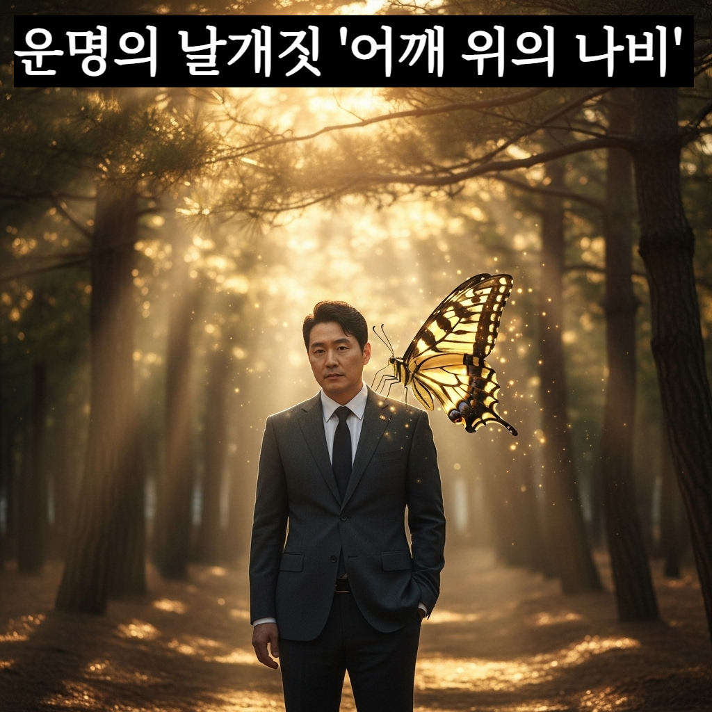 따스한 오후 햇살이 비치는 정원에서 화려한 날개 무늬를 가진 나비가 한 한국인 리더의 어깨 위에 사뿐히 내려앉아 있는 장엄하고 평화로운 분위기의 일러스트