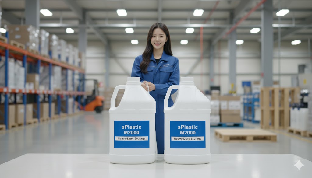 작업자가 M2000 대용량 HDPE 용기 두 개를 물류 창고에서 선보이는 모습. "sPlastic M2000 Heavy-Duty Storage" 라벨이 붙어 있으며, 핸들형 디자인으로 대용량 액상 제품의 운반 및 사용 편의성을 높인 산업용 용기임을 보여줍니다. (M2000 용기 두 개를 여성 모델이 핸들을 잡고 안정적으로 들어 올리거나 이동시키는 모습. 배경은 물류 창고나 대규모 작업장. 대용량 용기의 운반 편의성과 견고함을 강조합니다.