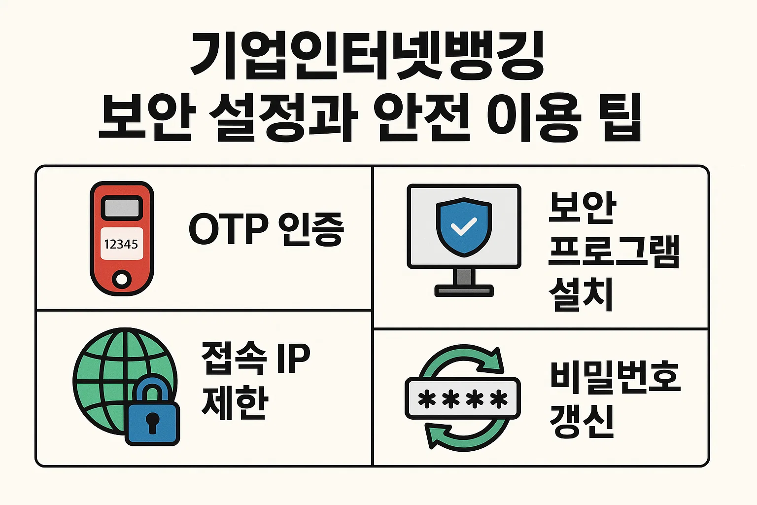 기업인터넷뱅킹 보안설정 인포그래픽은 OTP 인증, 보안프로그램 설치, 접속 IP 제한, 비밀번호 갱신 등 기업 계좌의 해킹 방지와 안전한 자금관리를 위한 실전 보안수칙을 시각화한 이미지입니다.