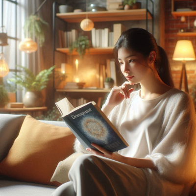 책을 읽으며 꿈에 대한 내용을 탐구하는 여성이 등장하는 이미지입니다. 독서와 함께 마음을 차분히 가라앉히고 있습니다.