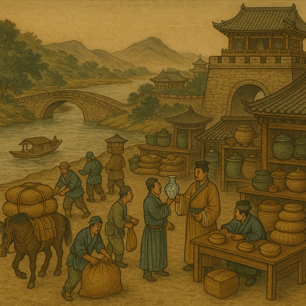 비단, 쌀, 차, 도자기 등이 수도 개봉으로 집결되는 상징적인 그림