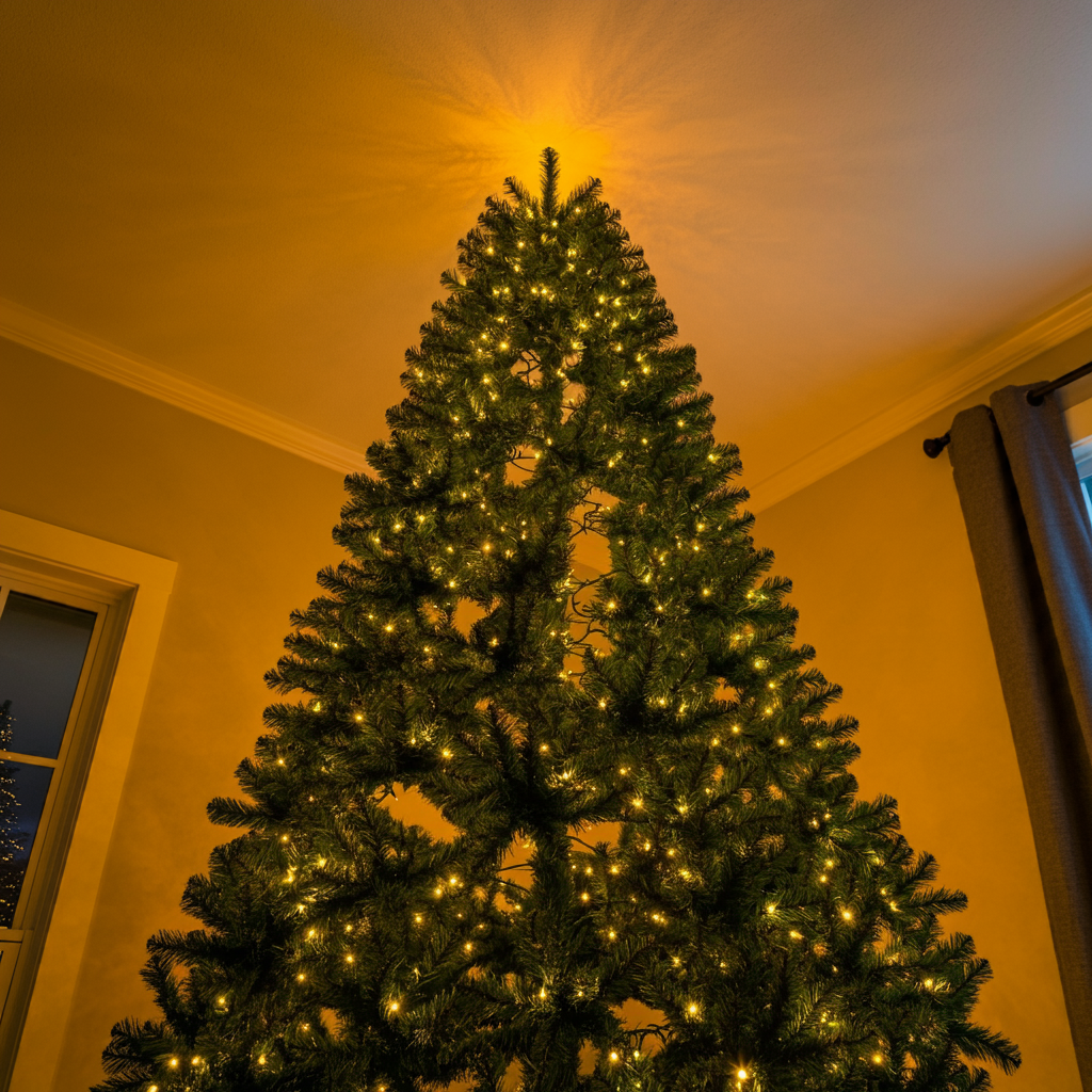 조명과 황금빛 장식으로 꾸며진 크리스마스 트리&amp;#44; 고요하고 평화로운 실내 장면