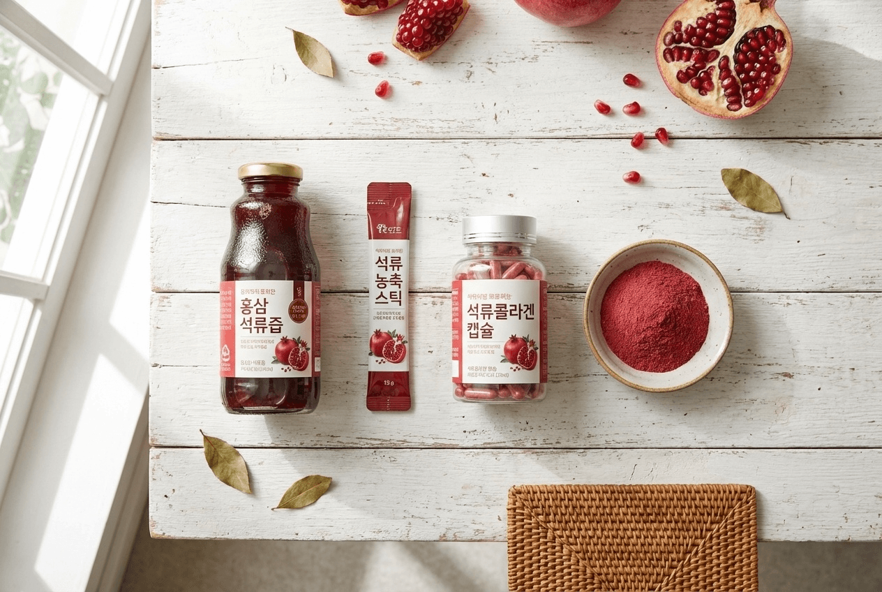 석류즙, 석류 농축액 스틱, 석류 캡슐, 석류 분말을 나란히 배치한 비교 사진