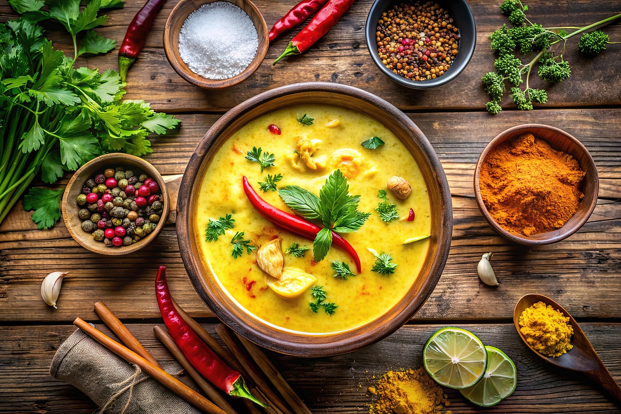 다양한 허브와 향신료가 결합된 태국 음식 사진