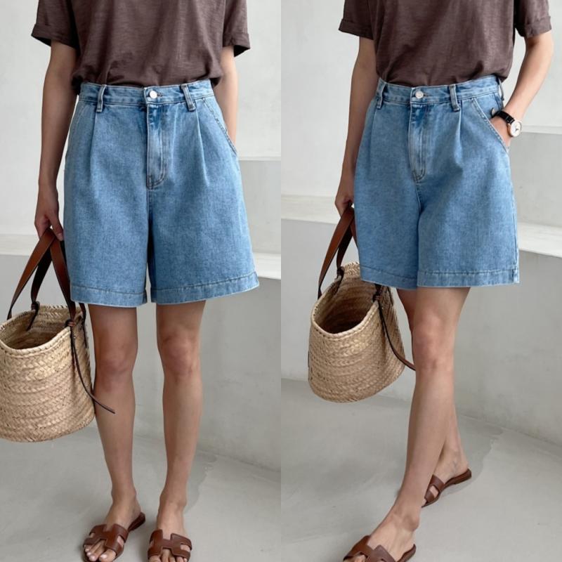 드마르 핀턱 데님 반바지 중청 여성 여름 4부 청 반바지