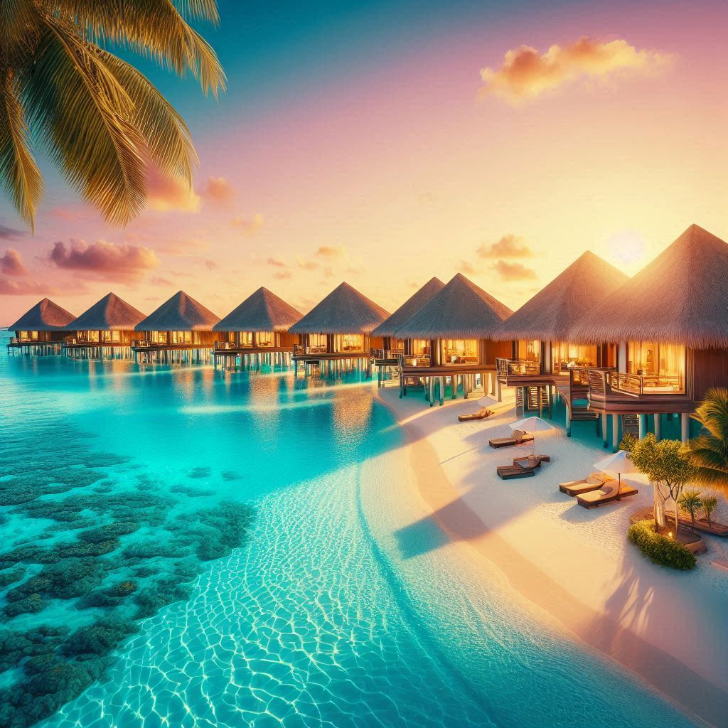 A dreamy luxury beach resort with overwater villas, crystal clear turquoise water, and palm trees under a sunset sky.