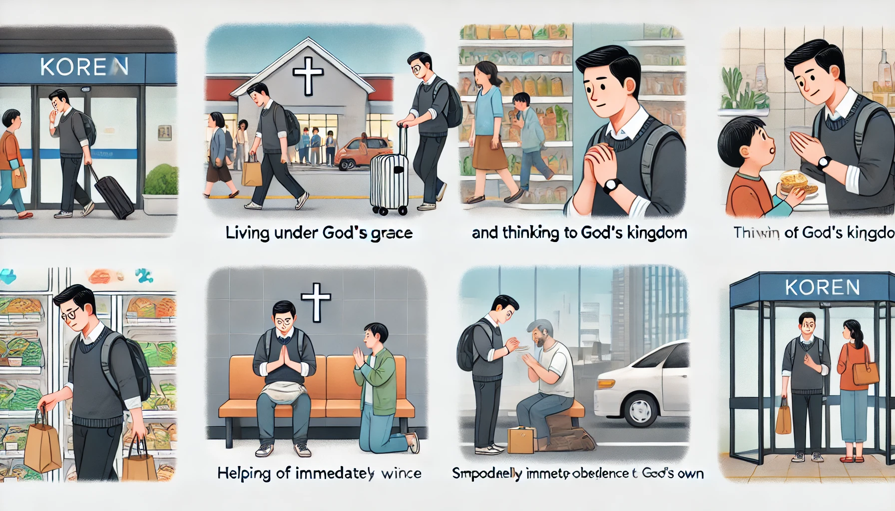 바쁜 현대인 주님의 은혜 안에 거하며 주님의 뜻에 즉시로 순종하는 모습을 담은 이미지입니다. 이 이미지에서 그 사람은 슈퍼마켓에서 무거운 짐을 들어주는 모습, 거리에서 노숙자를 위해 기도하는 모습, 그리고 필요로 하는 사람과 식사를 나누는 모습을 보여줍니다. 이러한 장면들은 하나님의 뜻에 즉시 순종하며 살아가는 삶을 나타내고 있습니다.
