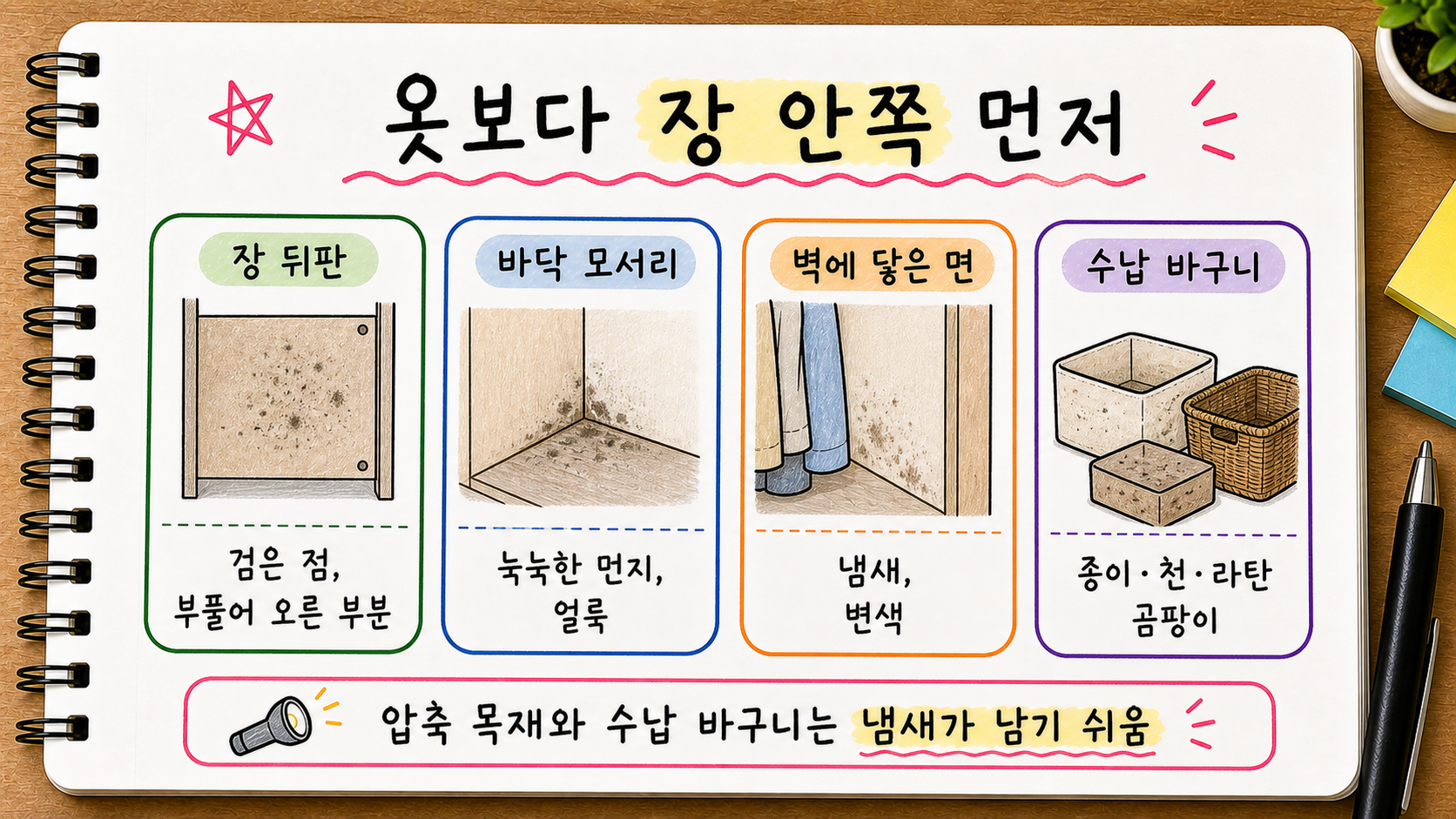 옷장 뒤판 바닥 모서리 벽에 닿은 면 수납 바구니의 곰팡이 냄새 확인 지점을 정리한 손글씨 카드