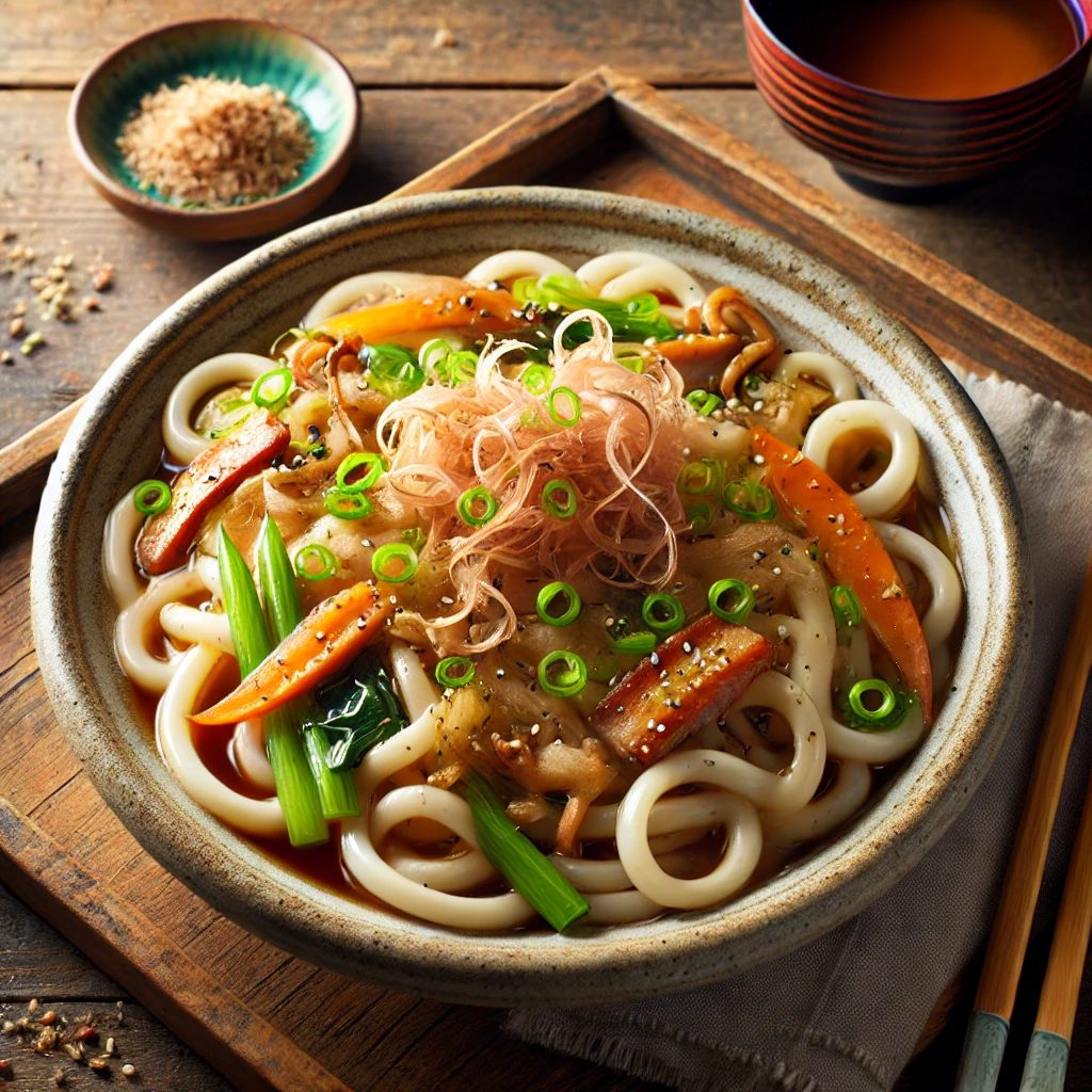 🍜 6. 야키우동 (焼きうどん) - 일본식 볶음우동
야키우동은 굵고 쫄깃한 우동면을 간장, 야채, 고기와 함께 볶아 만든 일본식 면 요리예요. 소스야키소바와 비슷하지만, 간장 베이스의 감칠맛이 특징이에요. 일본 가정에서는 남은 재료를 활용해 간편하게 만들 수 있어 자주 먹는 메뉴랍니다.