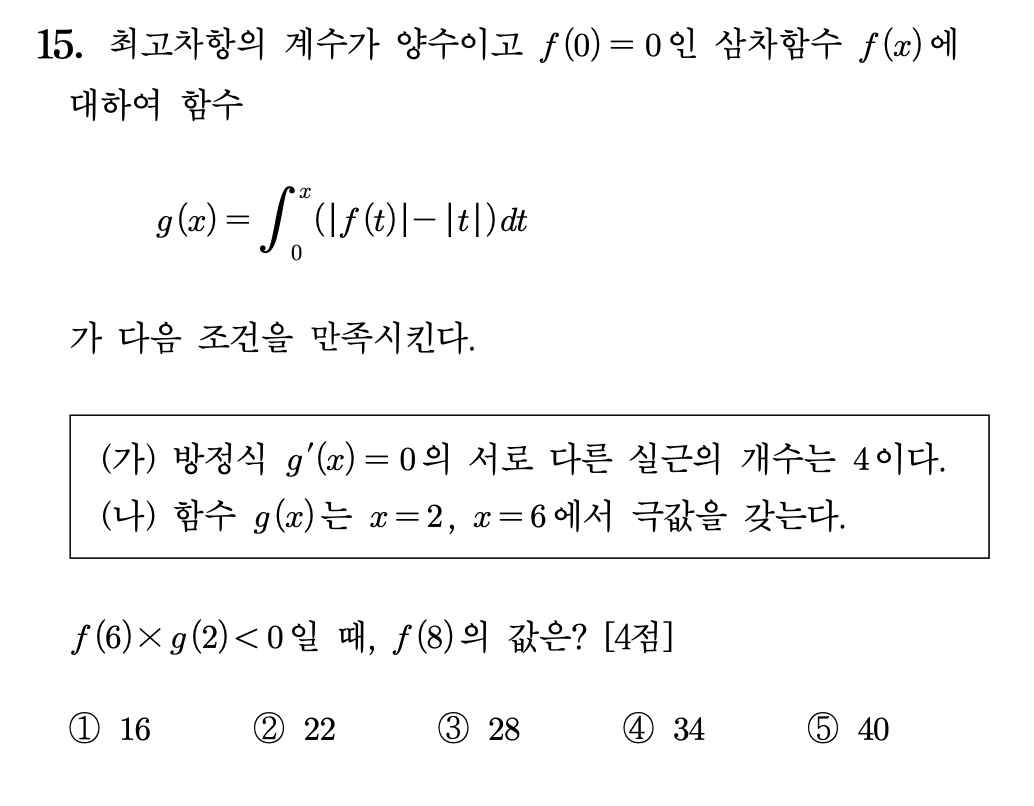 15. 최고차항의 계수가 양수이고 \(f(0)=0\)인 삼차함수 \(f(x)\)에 대하여 함수

\[
g(x)=\int_0^x \bigl(❘f(t)❘-❘t❘\bigr)\,dt
\]

가 다음 조건을 만족시킨다.

\[
\begin{array}{l}
\text{(가) 방정식 } g'(x)=0 \text{의 서로 다른 실근의 개수는 }4\text{이다.} \\[6pt]
\text{(나) 함수 } g(x)\text{는 }x=2,\ x=6\text{에서 극값을 갖는다.}
\end{array}
\]

\(f(6)\times g(2)<0\)일 때, \(f(8)\)의 값은? \([4점]\)

\[
\begin{array}{ccccc}
\text{① }16 &amp;
\text{② }22 &amp;
\text{③ }28 &amp;
\text{④ }34 &amp;
\text{⑤ }40
\end{array}
\]