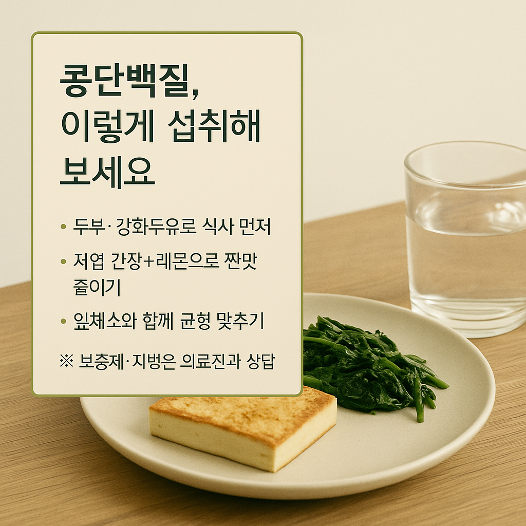 콩단백질 섭취 팁 인포그래픽과 두부·시금치·물 한 잔 실사 사진