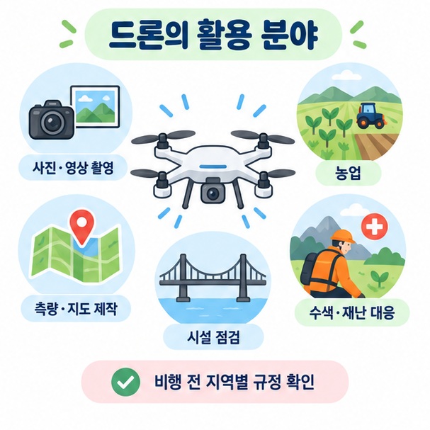 드론이 촬영, 농업, 측량, 시설 점검, 수색에 활용되는 모습을 보여주는 이미지