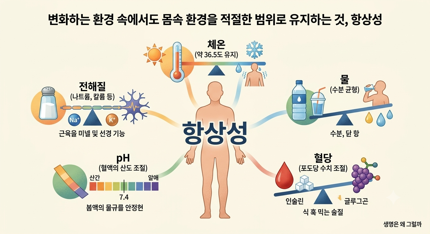 사람 몸 일러스트 중앙에 '항상성'을 배치하고, 주변에 체온&middot;물&middot;혈당&middot;pH&middot;전해질을 상징하는 아이콘이 중앙의 '항상성'을 중심으로 연결된 모습. 핵심 문구 &mdash; "변화하는 환경 속에서도 몸속 환경을 적절한 범위로 유지하는 것, 항상성 Homeostasis"
 "변화하는 환경 속에서도 몸속 환경을 적절한 범위로 유지하는 것, 항상성 Homeostasis"