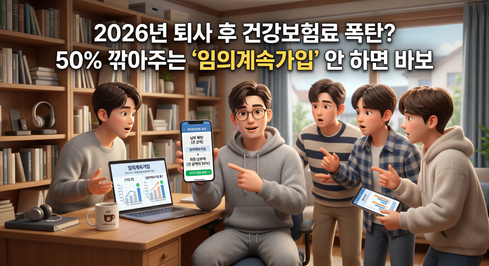 건강보험 임의계속가입에 대해 설명하는 모습을 재현한 캐릭터 이미지