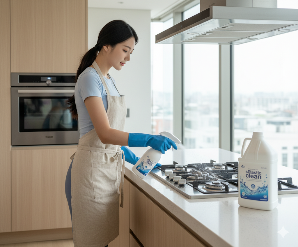 주방 찌든 때 제거에 효과적인 sp500 500ml 스프레이 공병. 대용량 리필을 위한 m4000 4L 청소용품 용기와 함께 사용하는 모습