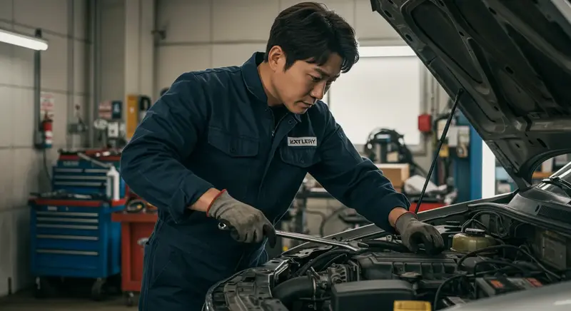 자동차 엔진룸을 꼼꼼히 점검하는 정비사의 모습