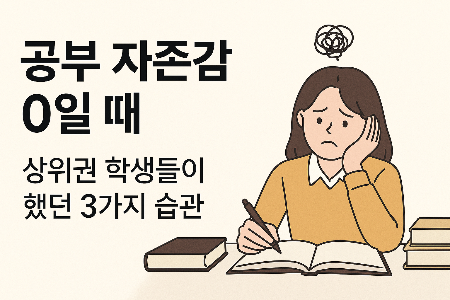 공부자존감0일때-상위권학생들이했던3가지습관-고민하는여학생일러스트