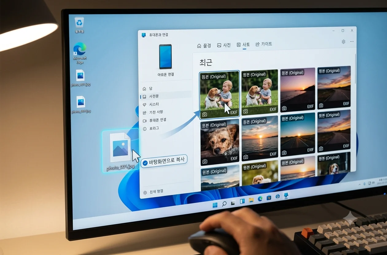 윈도우 11 휴대폰과 연결 앱 사진 마우스 드래그 앤 드롭 무선 복사 화면