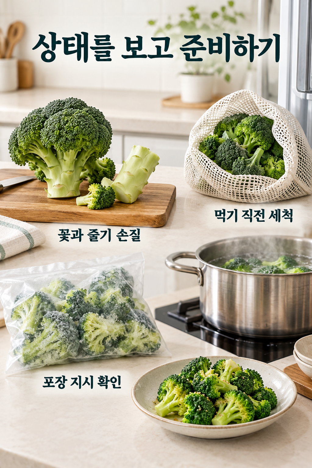 손질&middot;냉동 가열 지시&middot;냉장 보관을 연결한 주방 장면