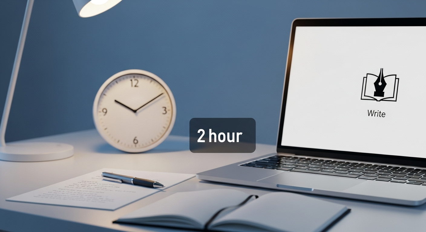 퇴근 후 두 시간 집중하여 글쓰기에 몰두하는 모습. 노트북과 노트, 펜이 놓인 책상.