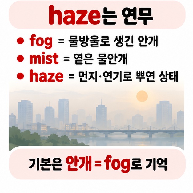 fog mist haze를 물방울로 생긴 안개 옅은 물안개 먼지나 연기로 뿌연 연무로 구분해 보여주는 카드