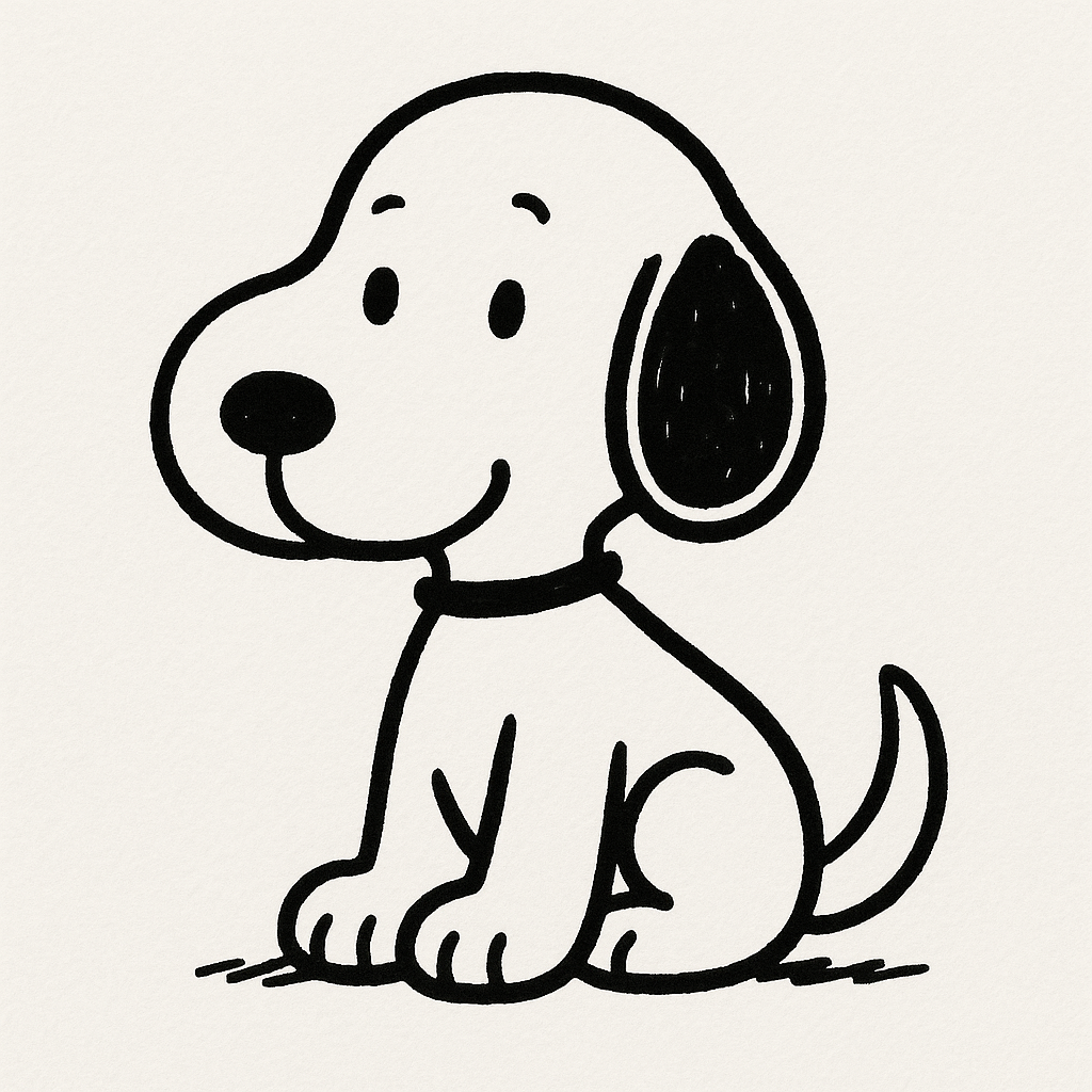 스누피처럼 귀엽고 단순한 흑백 일러스트 스타일의 강아지 캐릭터, 챗지피티