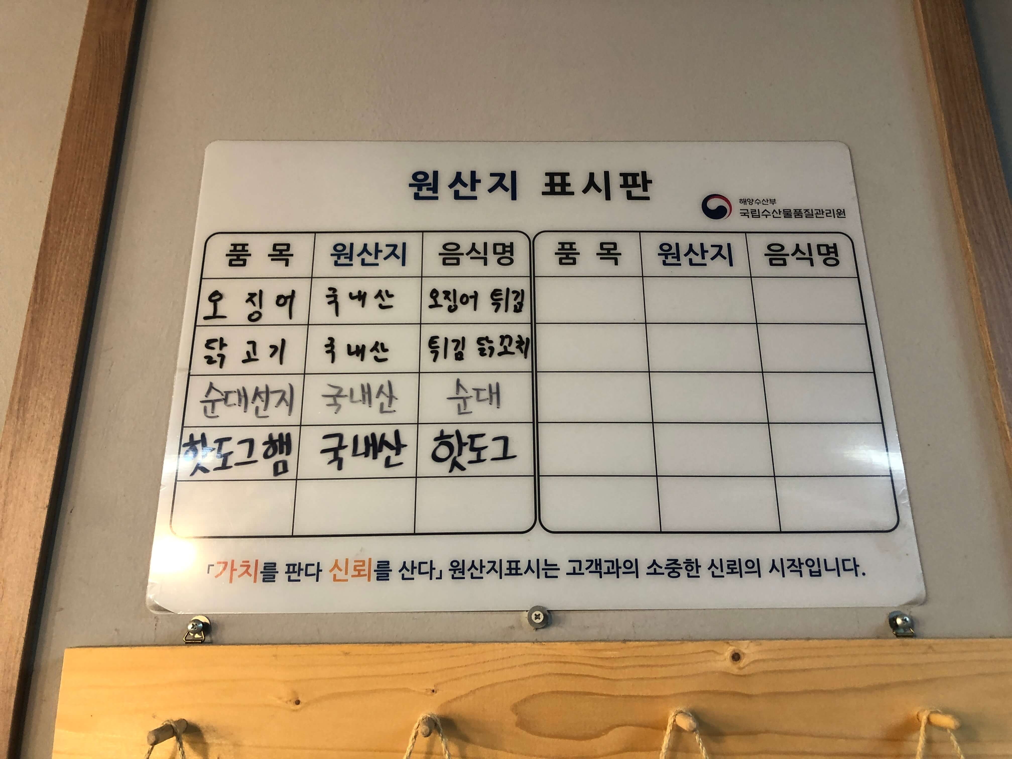민수랜드-다희네튀김떡볶이 분식 원산지표시판