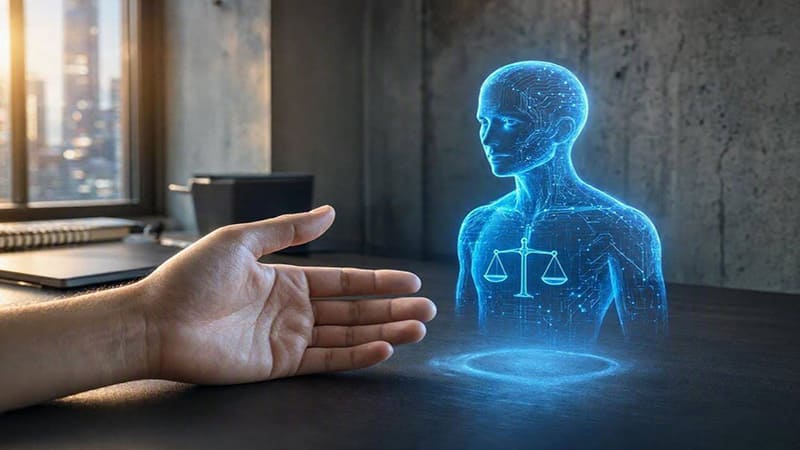 <img src="human-ai-ethics.jpg" alt="기술적 편리함과 윤리적 고민 사이에서 인간의 손과 AI 홀로그램이 마주하는 공존의 장면">