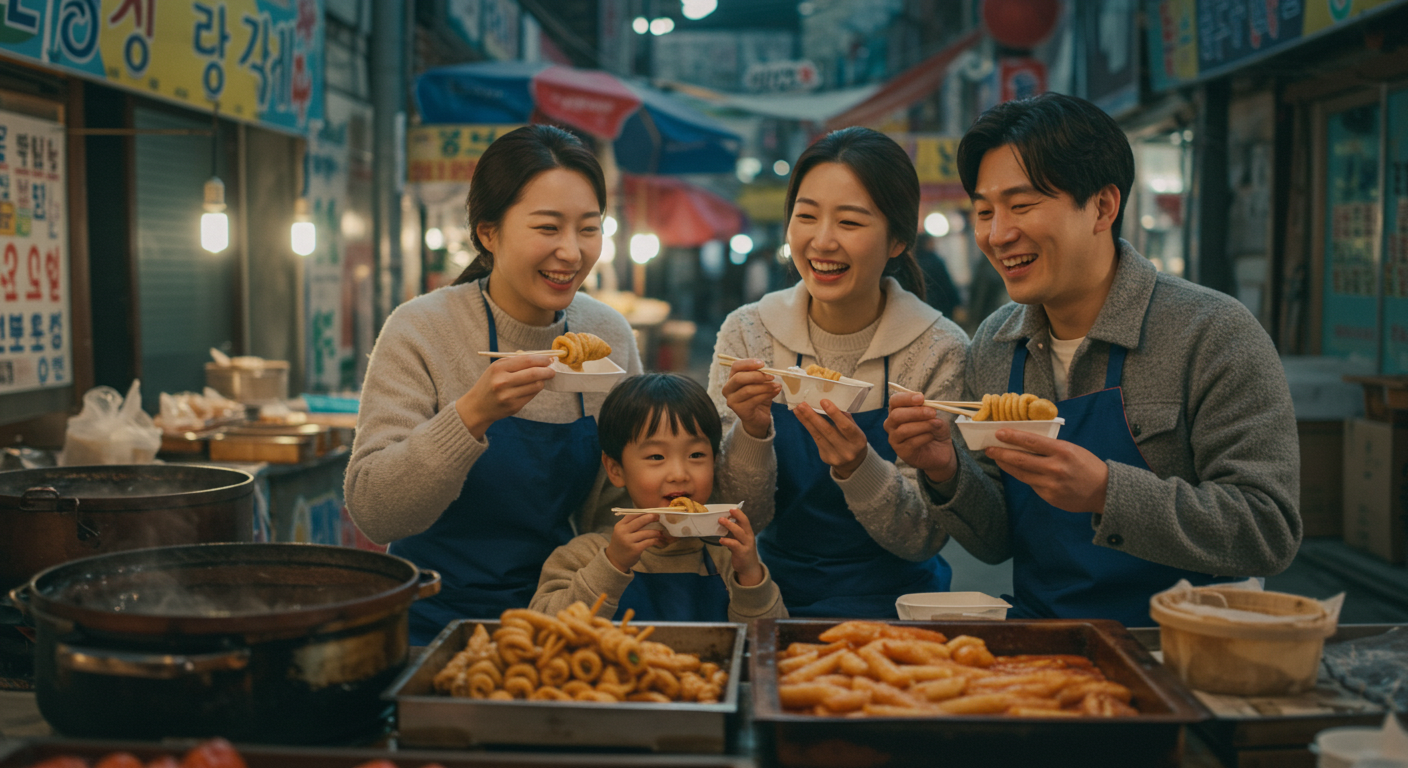 강원도 전통 시장에서 길거리 음식을 함께 즐기는 한국인 가족.