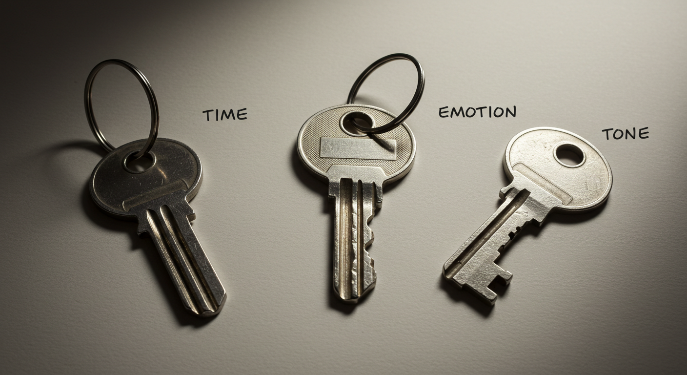 세 개의 열쇠가 '시점&middot;감정&middot;톤'을 각각 상징하는 상징적 정물 이미지
