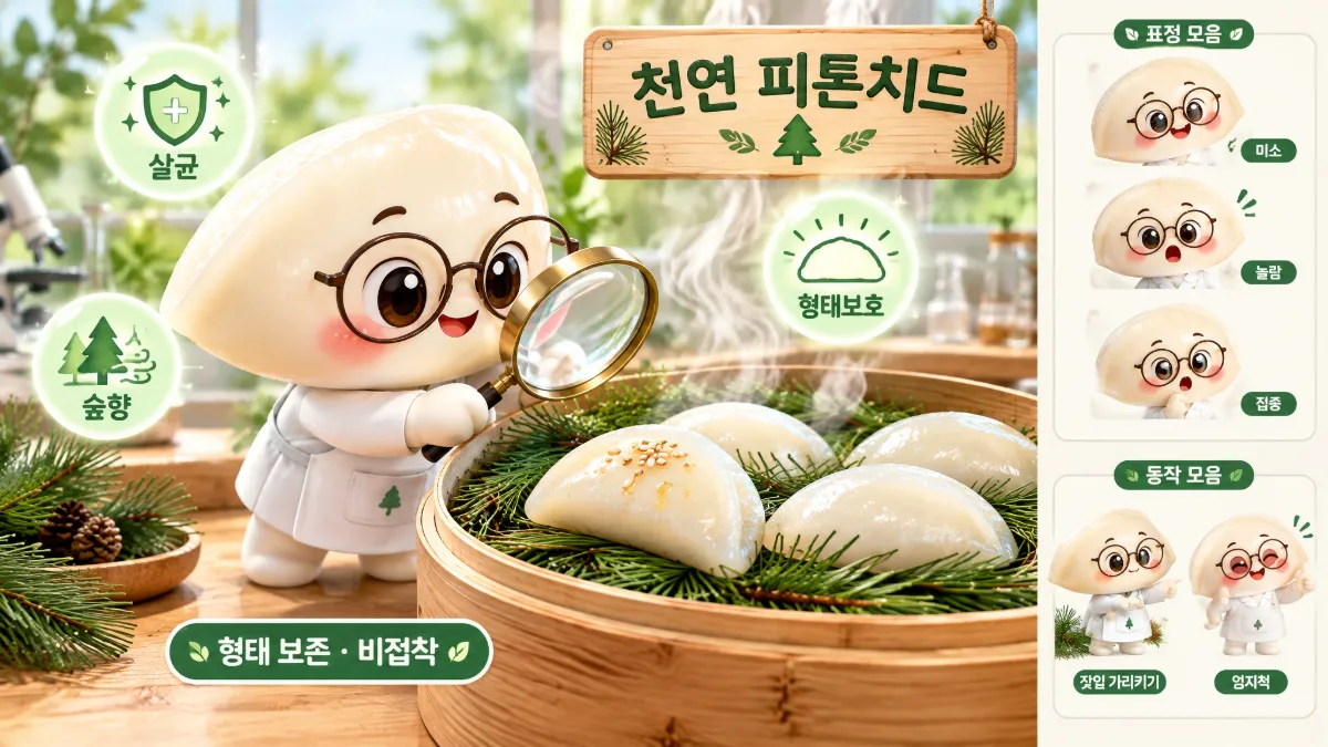 솔잎과 피톤치드를 관찰하는 과학자 송편 마스코트, 전통 시루에서 김이 오르는 송편 보존 과학 일러스트