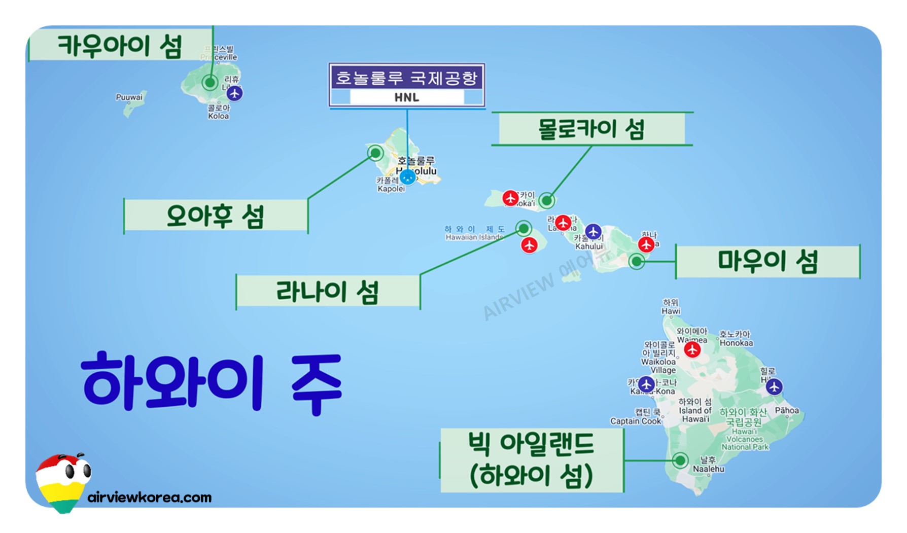 하와이 주요 섬 6개의 이름과 위치를 표시한 지도