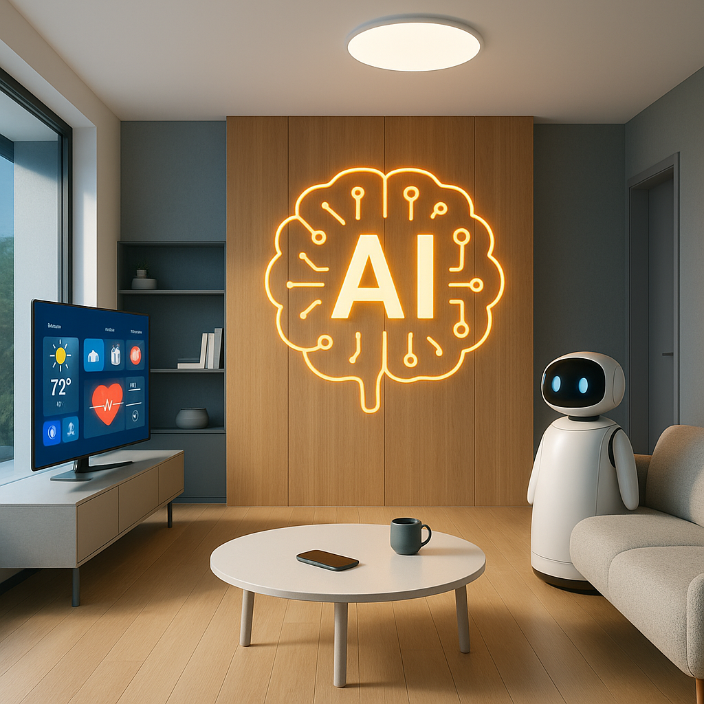 넓은 거실 공간 중앙에 스마트 스피커와 가전제품이 배치되고, 벽면 스크린에 데이터가 시각화된 화면이 나타나는 장면