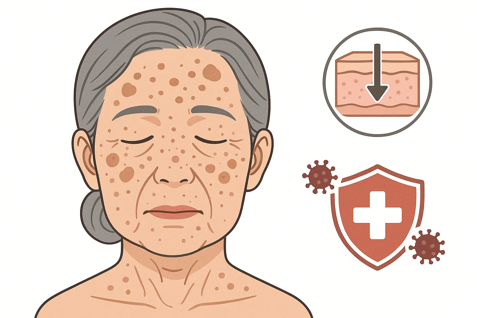 노년 여성의 얼굴에 나타난 검버섯·노화반, 피부 재생력 저하와 면역 약화