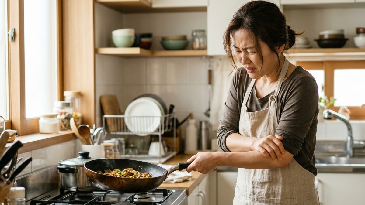 주방에서 무거운 프라이팬을 들다 팔꿈치 통증에 찡그리는 40대 여성