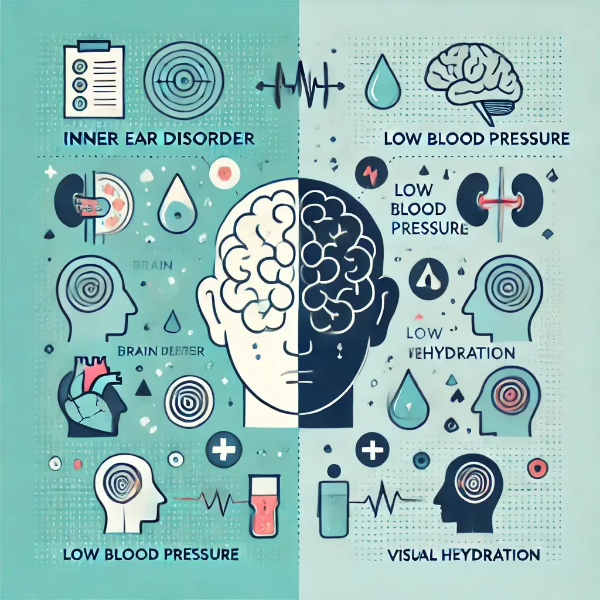 어지럼증의 다양한 원인을 나타내는 아이콘 인포그래픽 – 귀, 뇌, 혈압, 탈수, 시각 문제 등 상징 구성