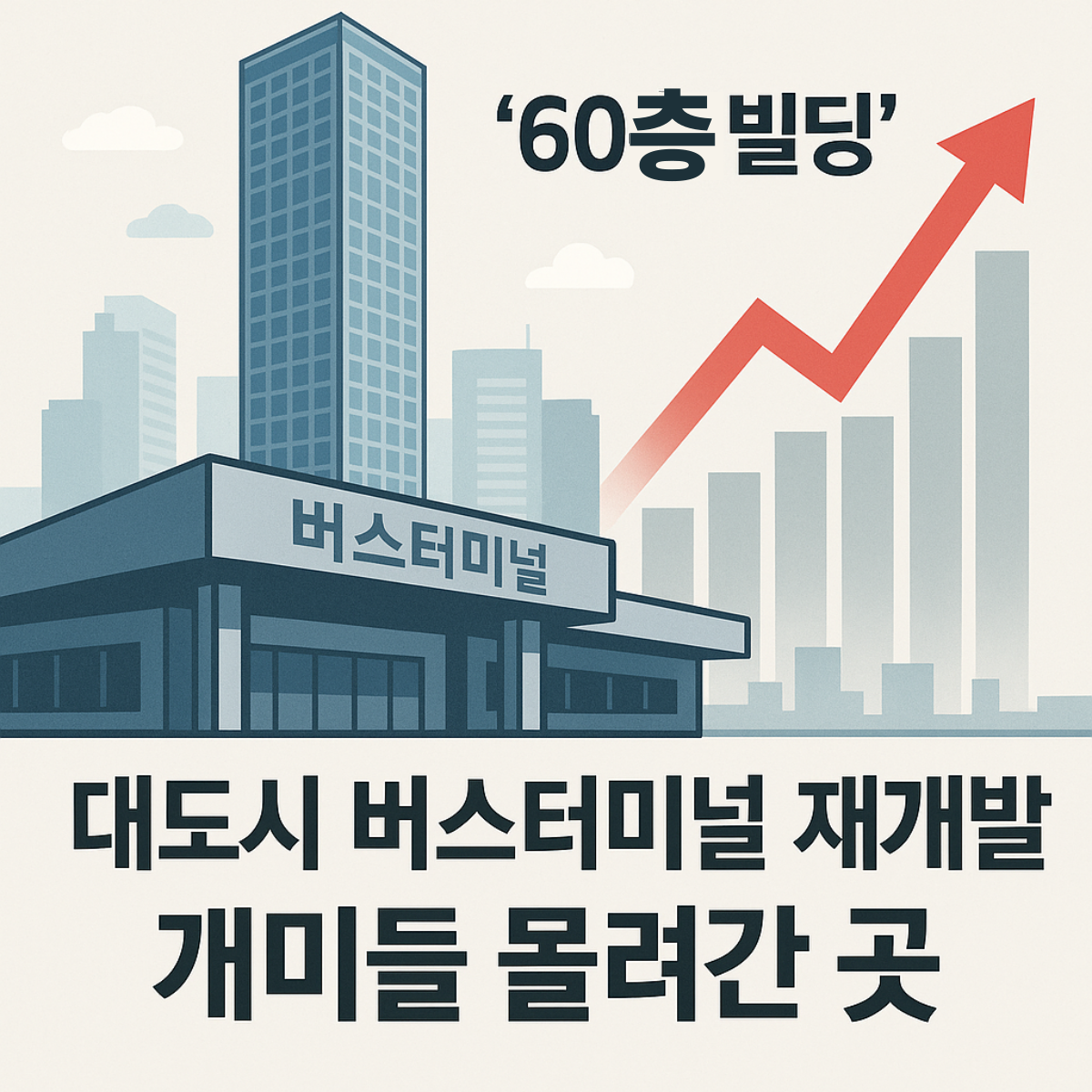 “도시 재개발, 60층 초고층 타워 콘셉트, 투자 상승 그래프 강조, 한국어 뉴스형 썸네일, 실사 느낌