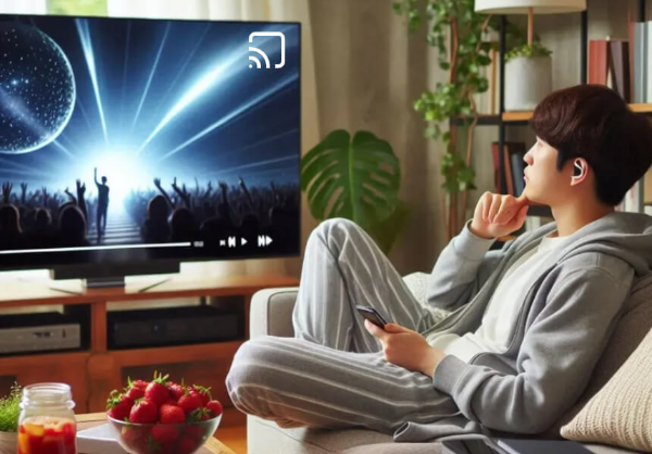 거실에서 스마트폰을 TV로 연결하여 TV화면을 보는 사람