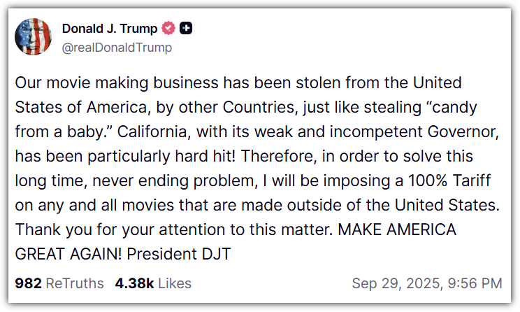 트루스 소셜, 트럼프 영화 관세 부과 내용